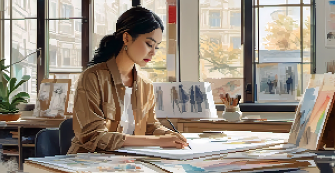 A female fashion designer in a modern studio with fabric and sketches, deep in thought, surrounded by warm natural light.