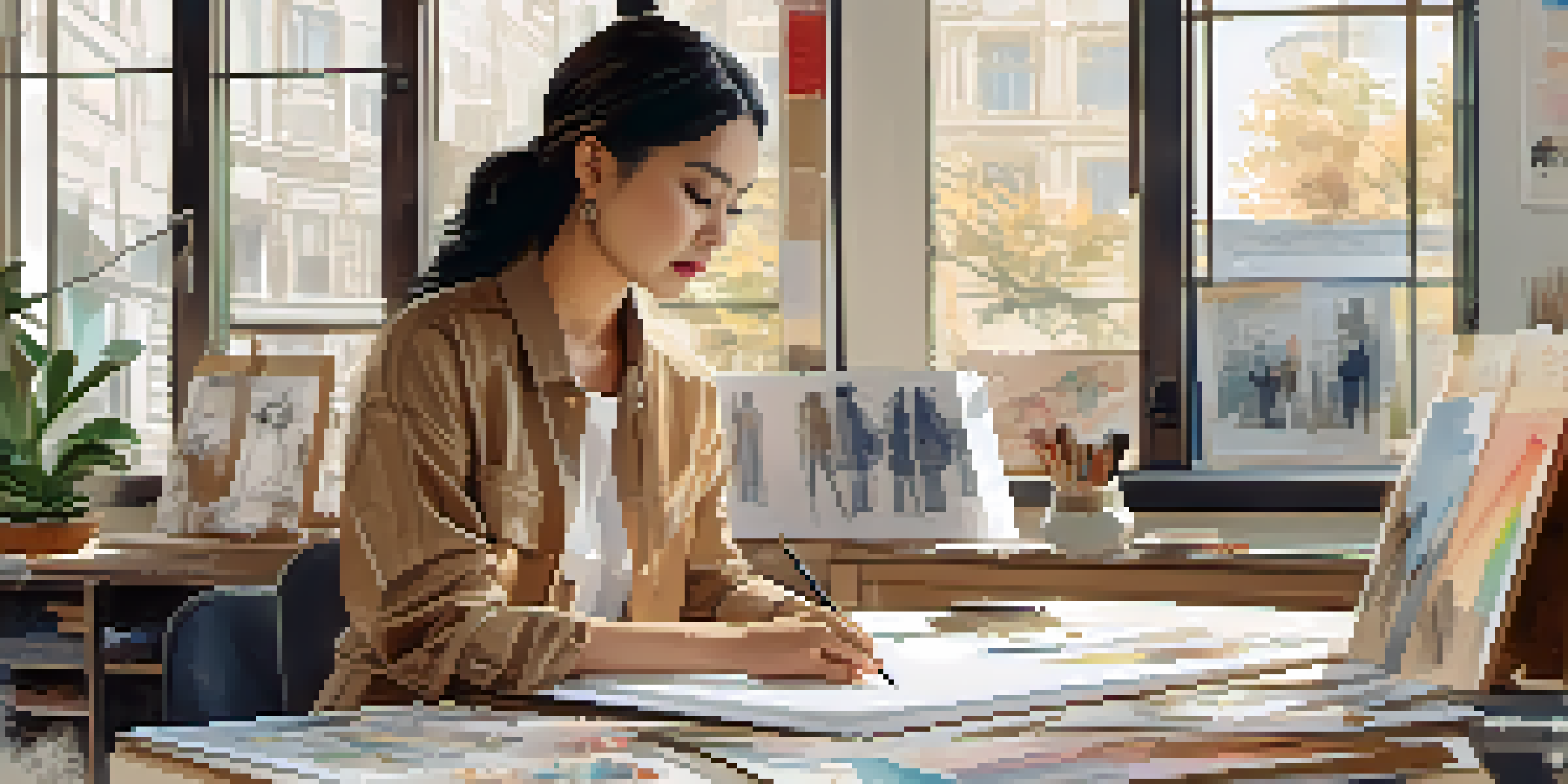 A female fashion designer in a modern studio with fabric and sketches, deep in thought, surrounded by warm natural light.
