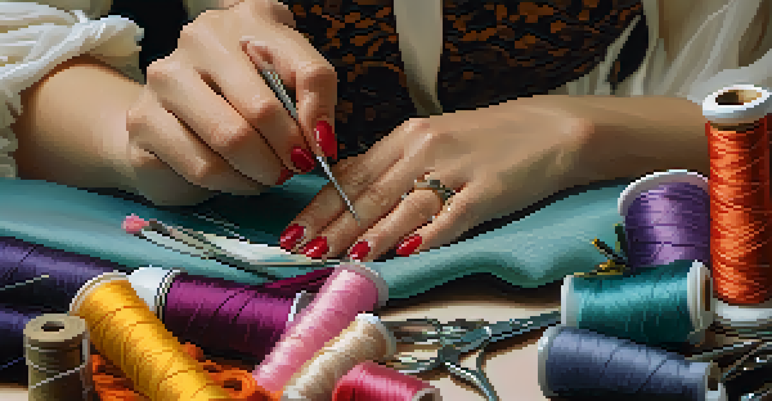 A close-up of a fashion designer's hands sewing with colorful threads and tools in the background.