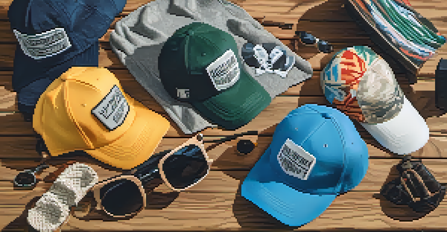 A flat lay display of various streetwear accessories on a wooden surface, with natural light accentuating the colors and textures of the items.