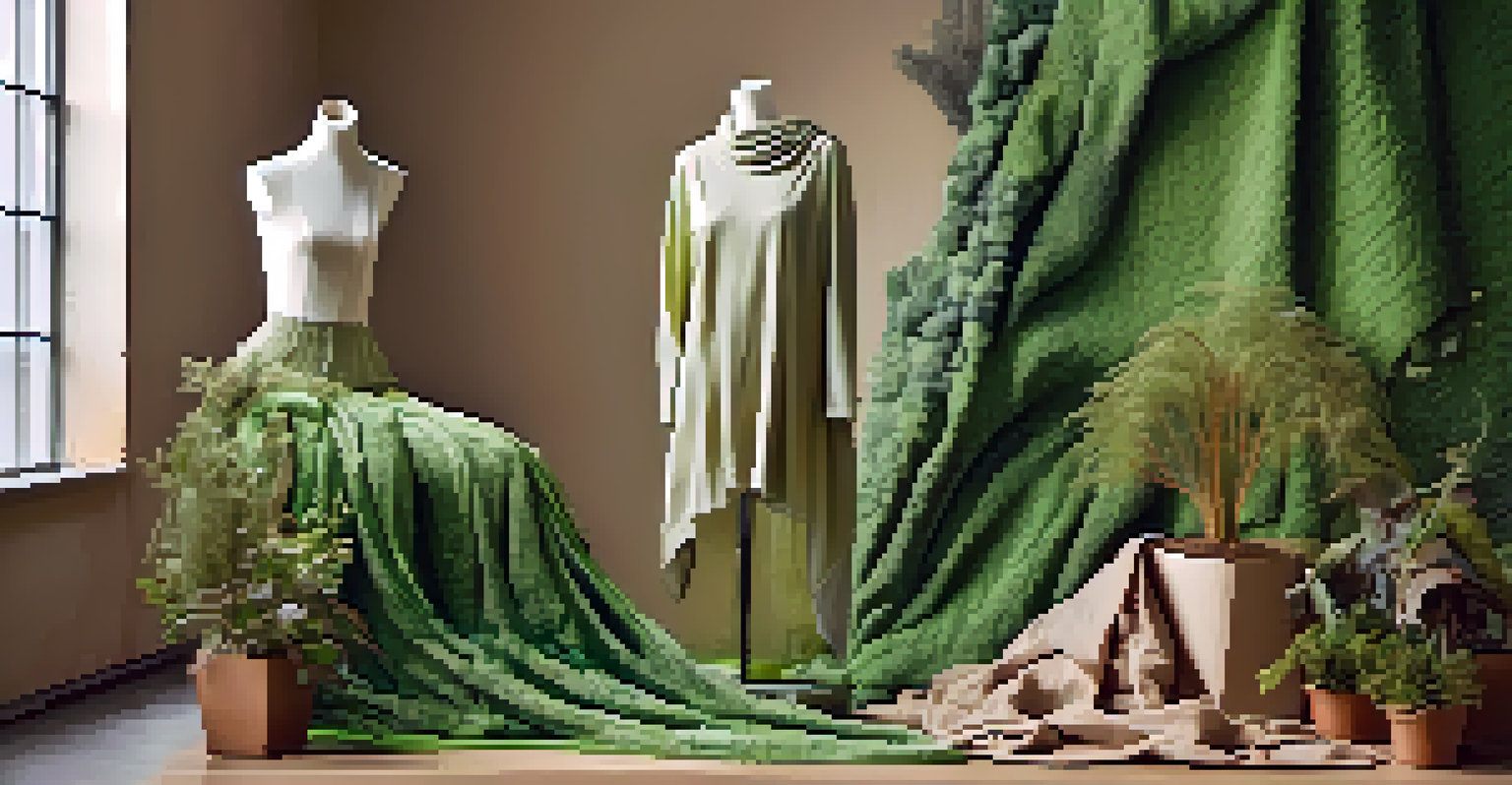 An abstract illustration of sustainability in fashion with an eco-friendly mannequin surrounded by organic materials and plants.