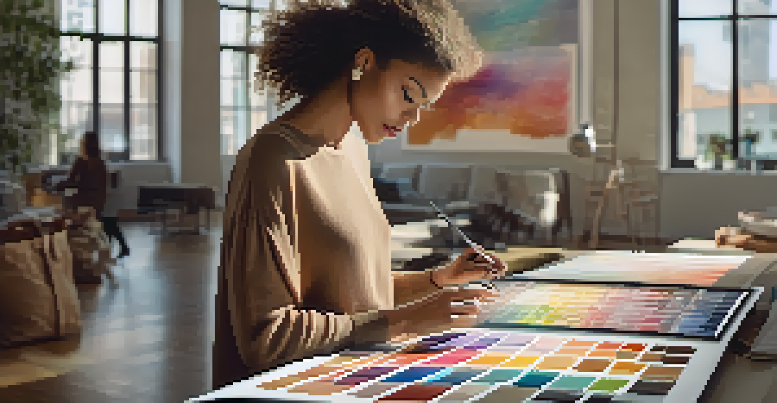 A fashion designer in a studio using a tablet to analyze real-time trend data, surrounded by fabric swatches.