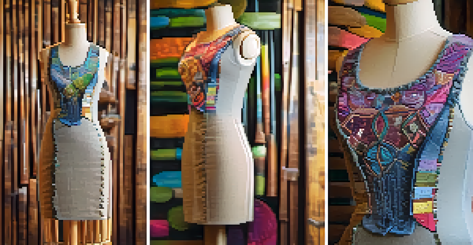 A close-up of an upcycled garment on a rustic mannequin, showcasing intricate stitching and vibrant patches in soft lighting.