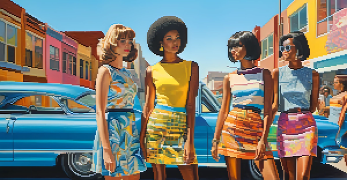 A group of young adults dressed in colorful 1960s fashion, including bold prints and mini skirts, in an urban setting with vintage cars and street art.