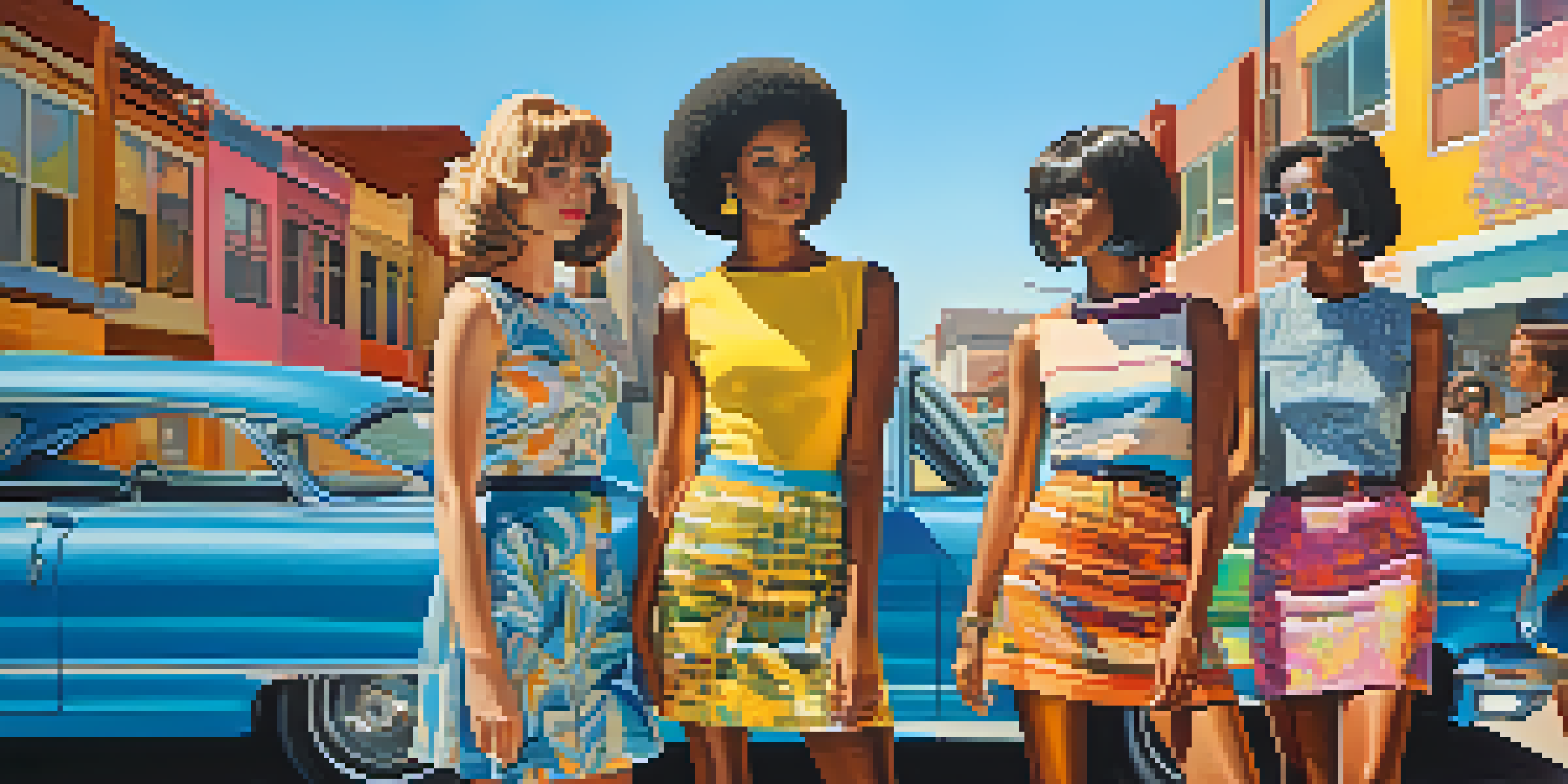 A group of young adults dressed in colorful 1960s fashion, including bold prints and mini skirts, in an urban setting with vintage cars and street art.