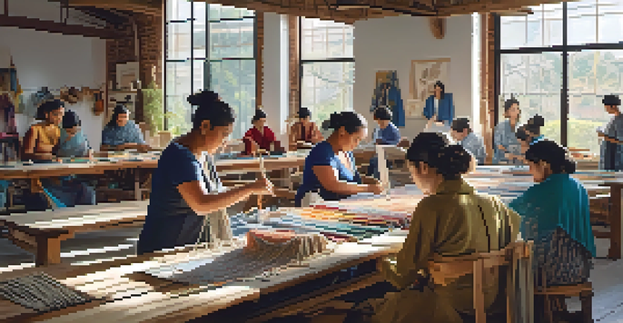 Artisans working in a bright, sustainable fashion workshop with various materials and sewing tools.