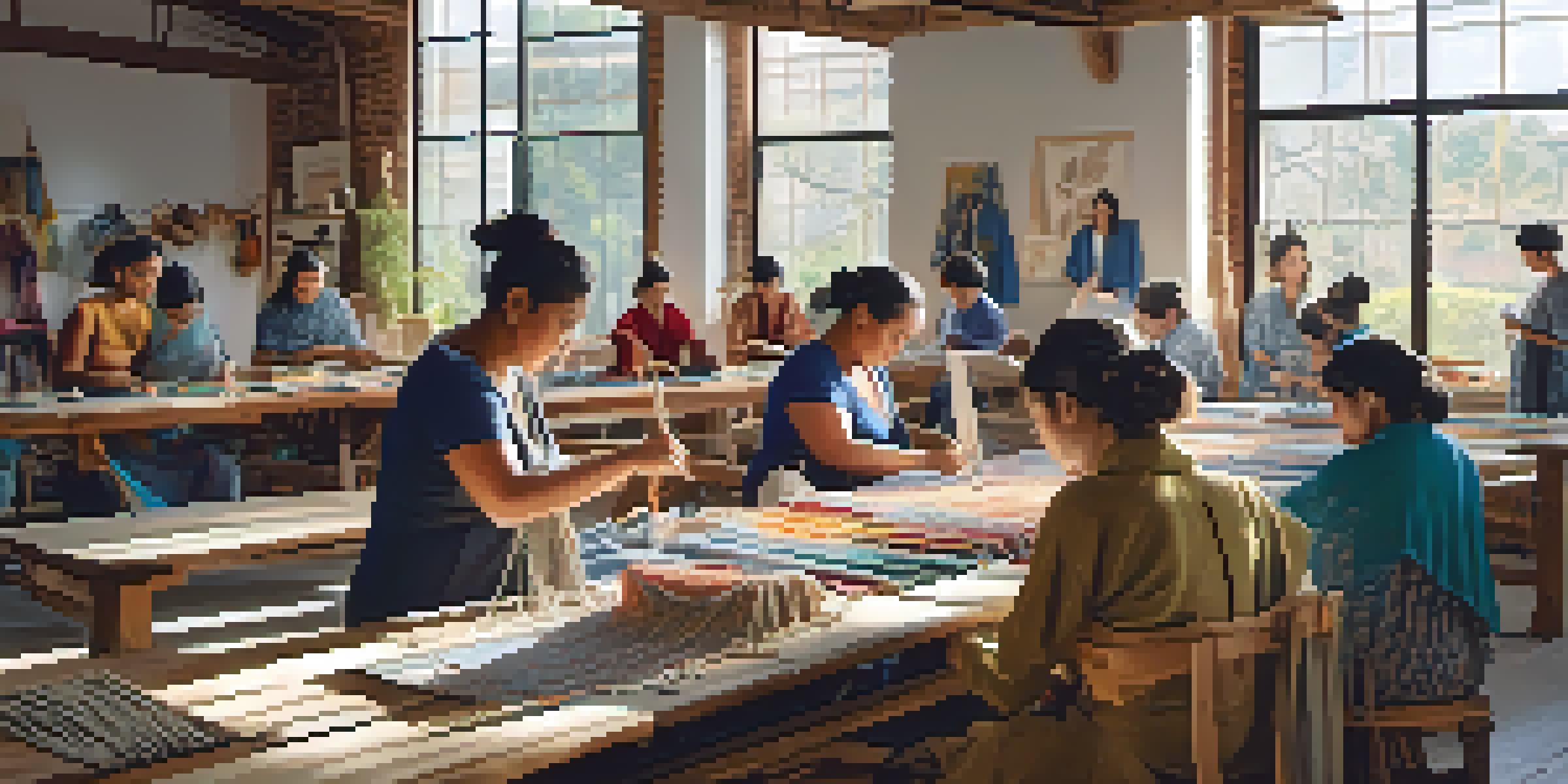 Artisans working in a bright, sustainable fashion workshop with various materials and sewing tools.
