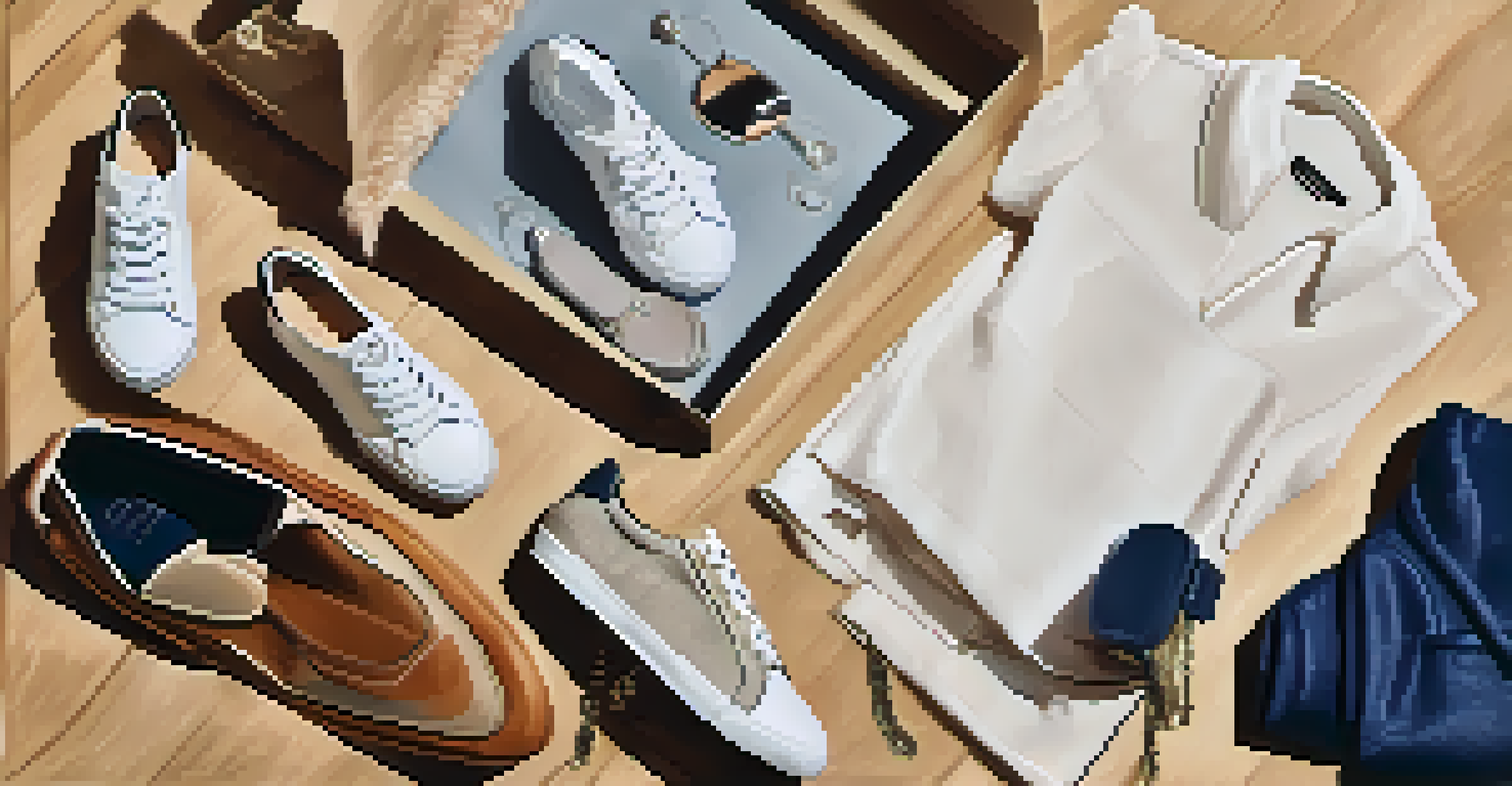 A flat lay of collaborative fashion items including sneakers and a designer handbag, arranged on a wooden surface.