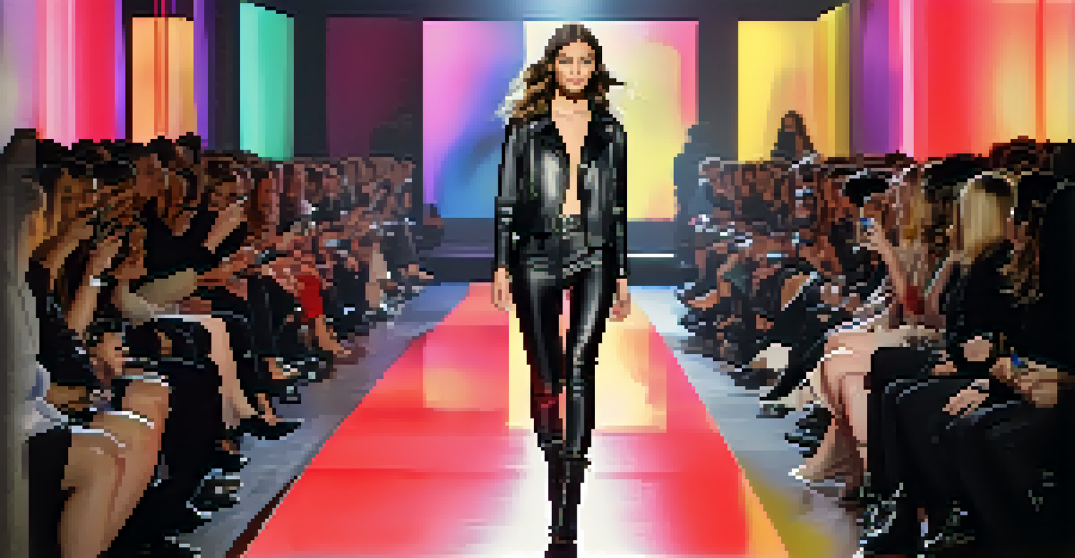 A model on a runway wearing a vegan leather jacket and pants, with bright stage lights and an audience in the background.