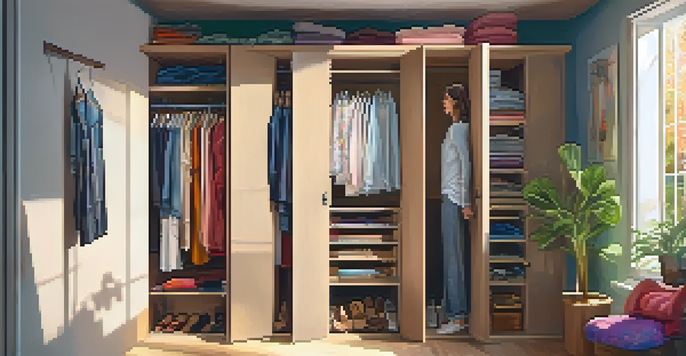 A woman thoughtfully choosing an outfit from her colorful closet, with sunlight illuminating the room and plants in the background.