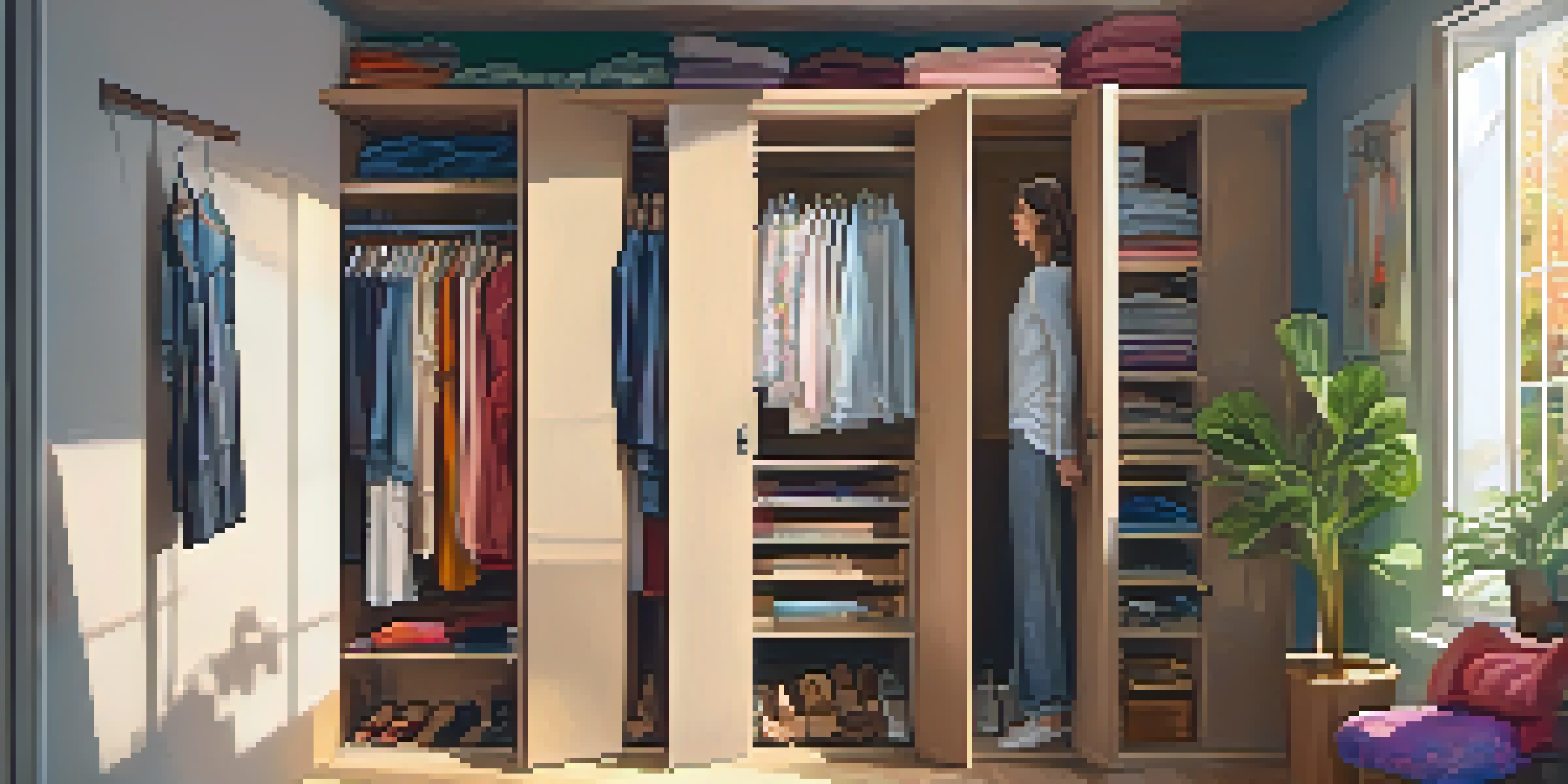 A woman thoughtfully choosing an outfit from her colorful closet, with sunlight illuminating the room and plants in the background.