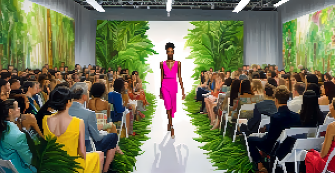 A fashion runway with diverse models wearing colorful, sustainable clothing made from recycled materials, surrounded by greenery.