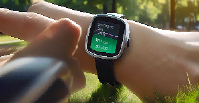A close-up of a smartwatch showing health metrics in a sunny park setting.