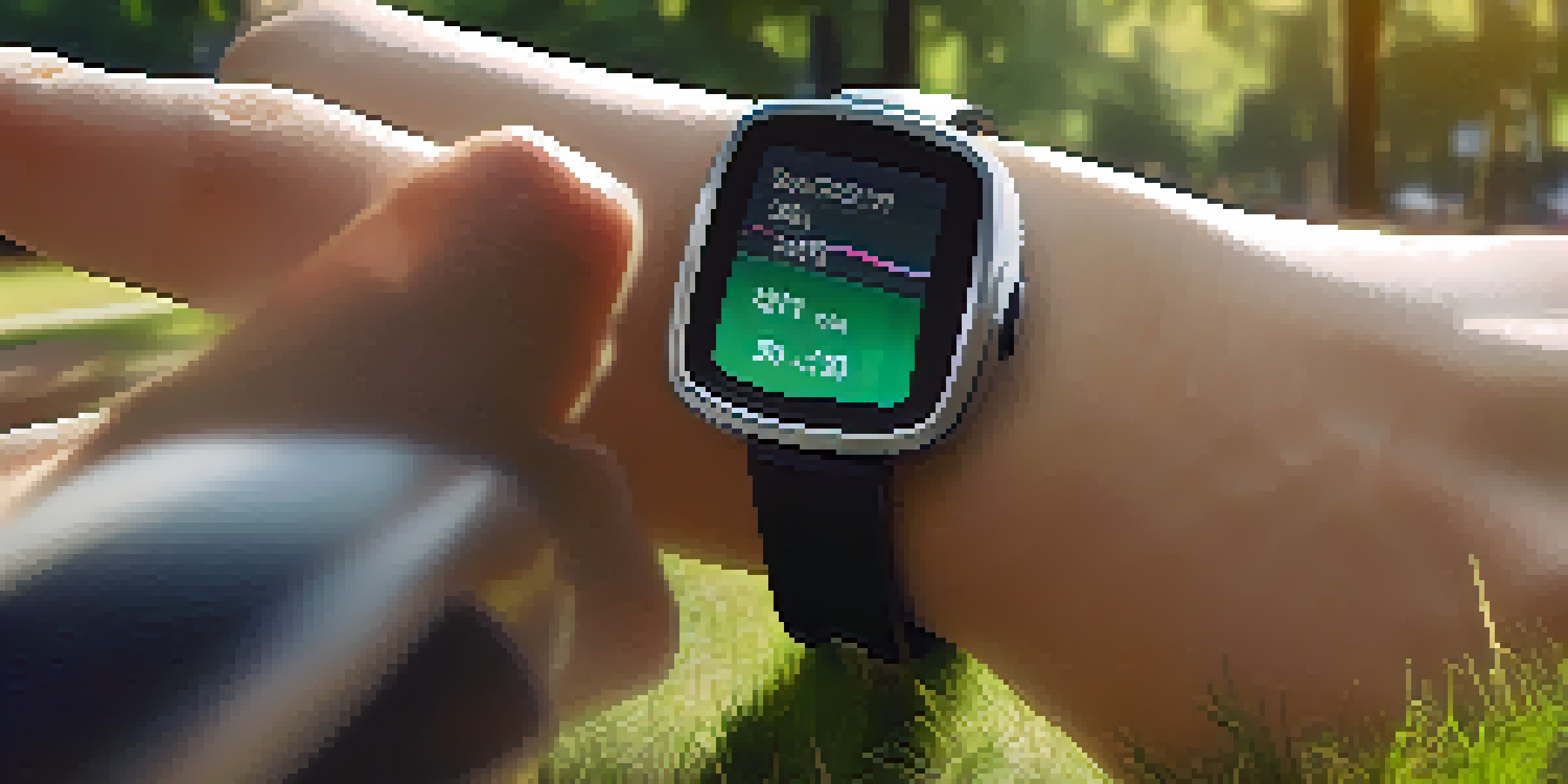A close-up of a smartwatch showing health metrics in a sunny park setting.