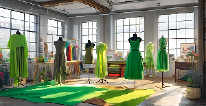 A fashion designer working in a colorful studio, draping a green garment on a mannequin with sunlight illuminating the space.