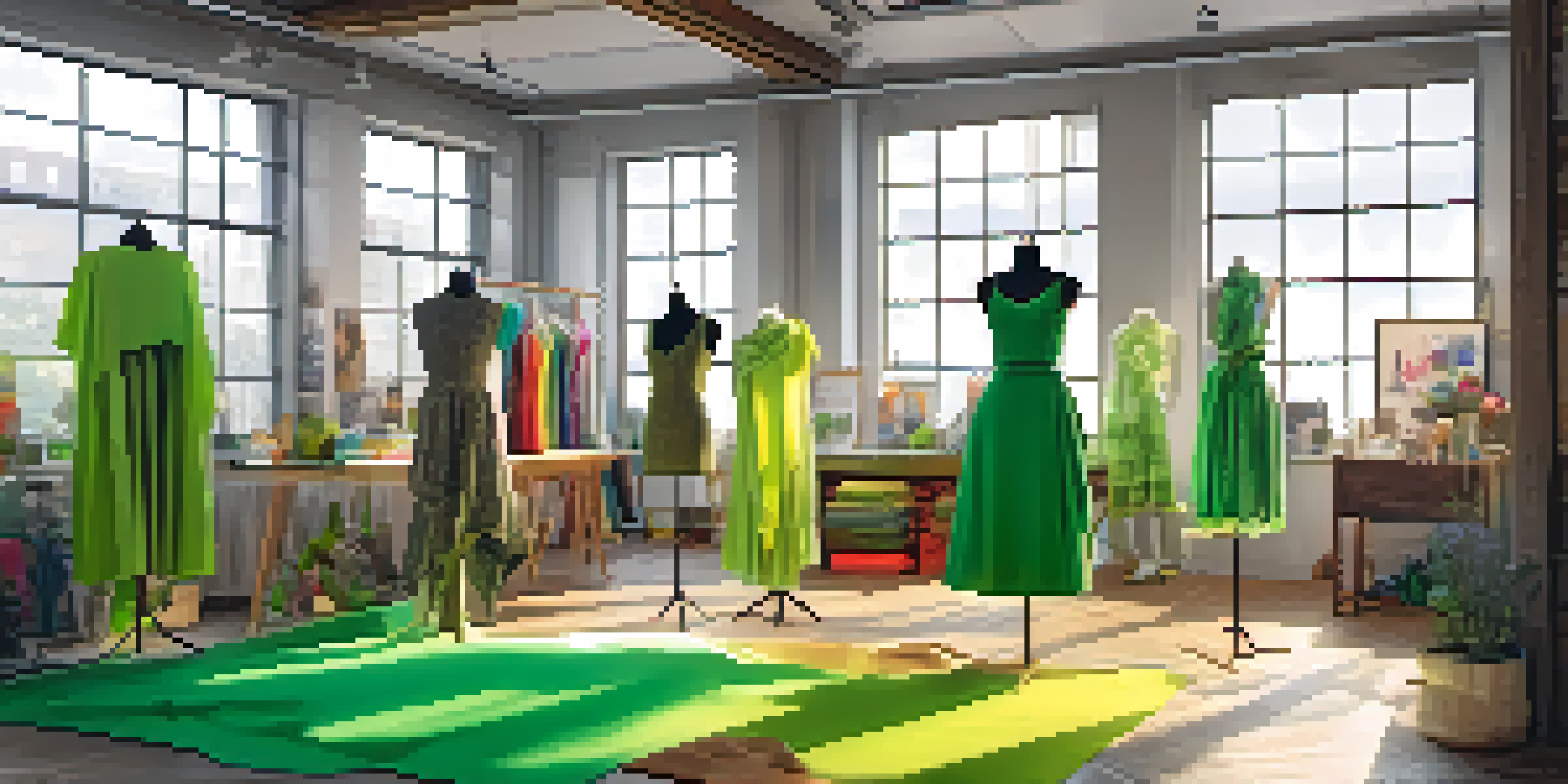A fashion designer working in a colorful studio, draping a green garment on a mannequin with sunlight illuminating the space.