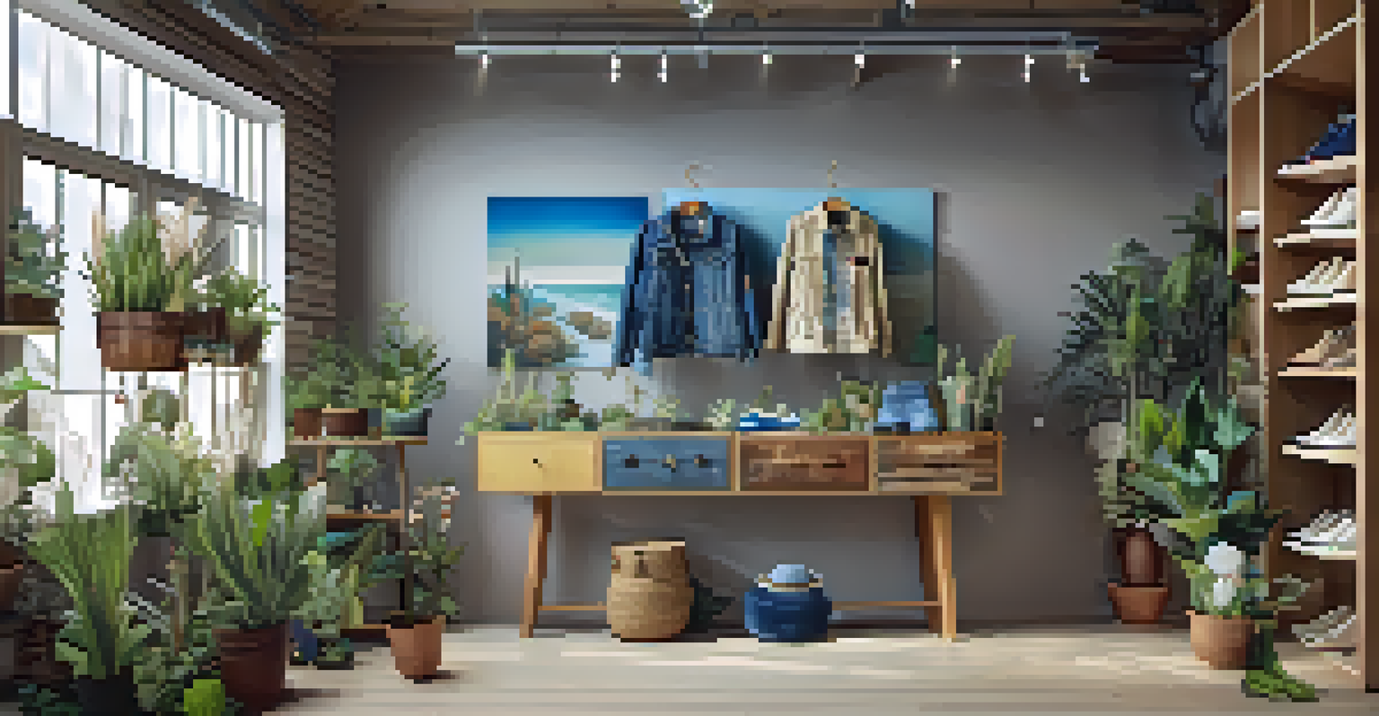 An eco-friendly boutique showcasing upcycled fashion items, featuring shoes made from ocean plastics and a creatively patched denim jacket, with plants and wooden shelves in the background.