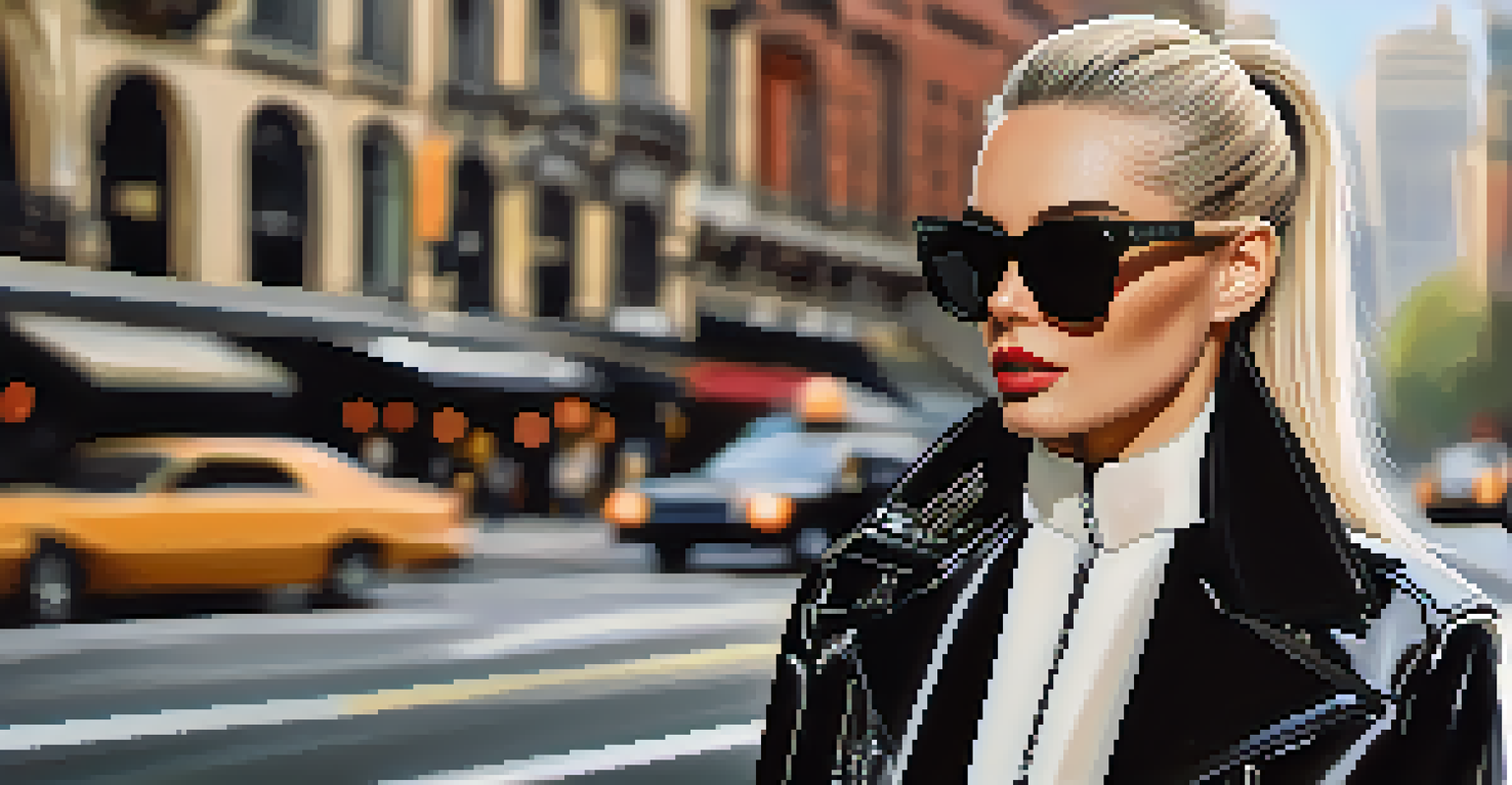 A close-up portrait of a model in Karl Lagerfeld's iconic style with sunglasses and a chic outfit, set against a blurred cityscape background.