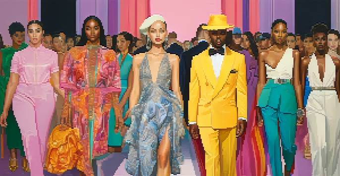 A colorful fashion runway with diverse models showcasing inclusive outfits, set in an elegant venue with ambient lighting.