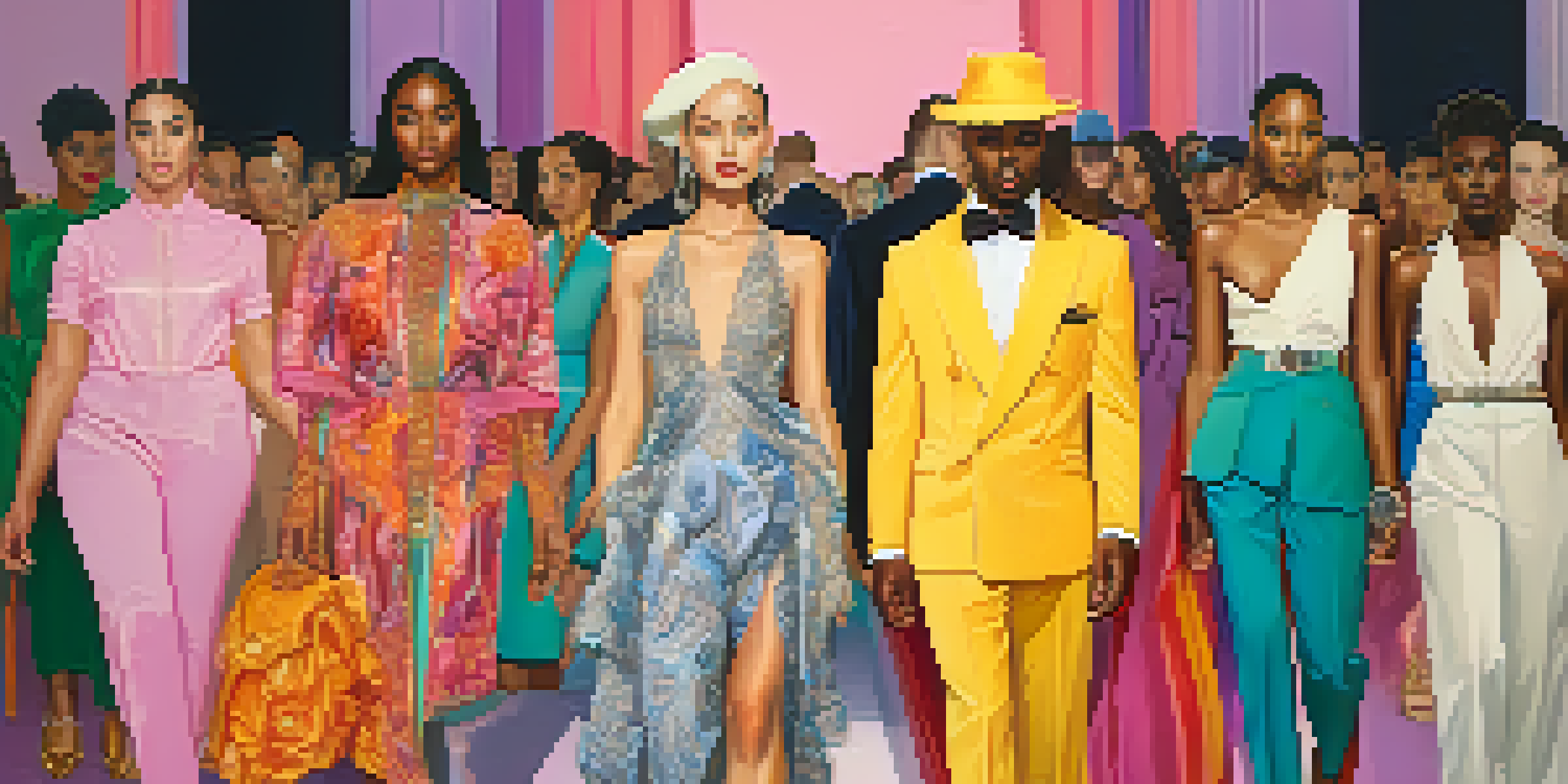 A colorful fashion runway with diverse models showcasing inclusive outfits, set in an elegant venue with ambient lighting.