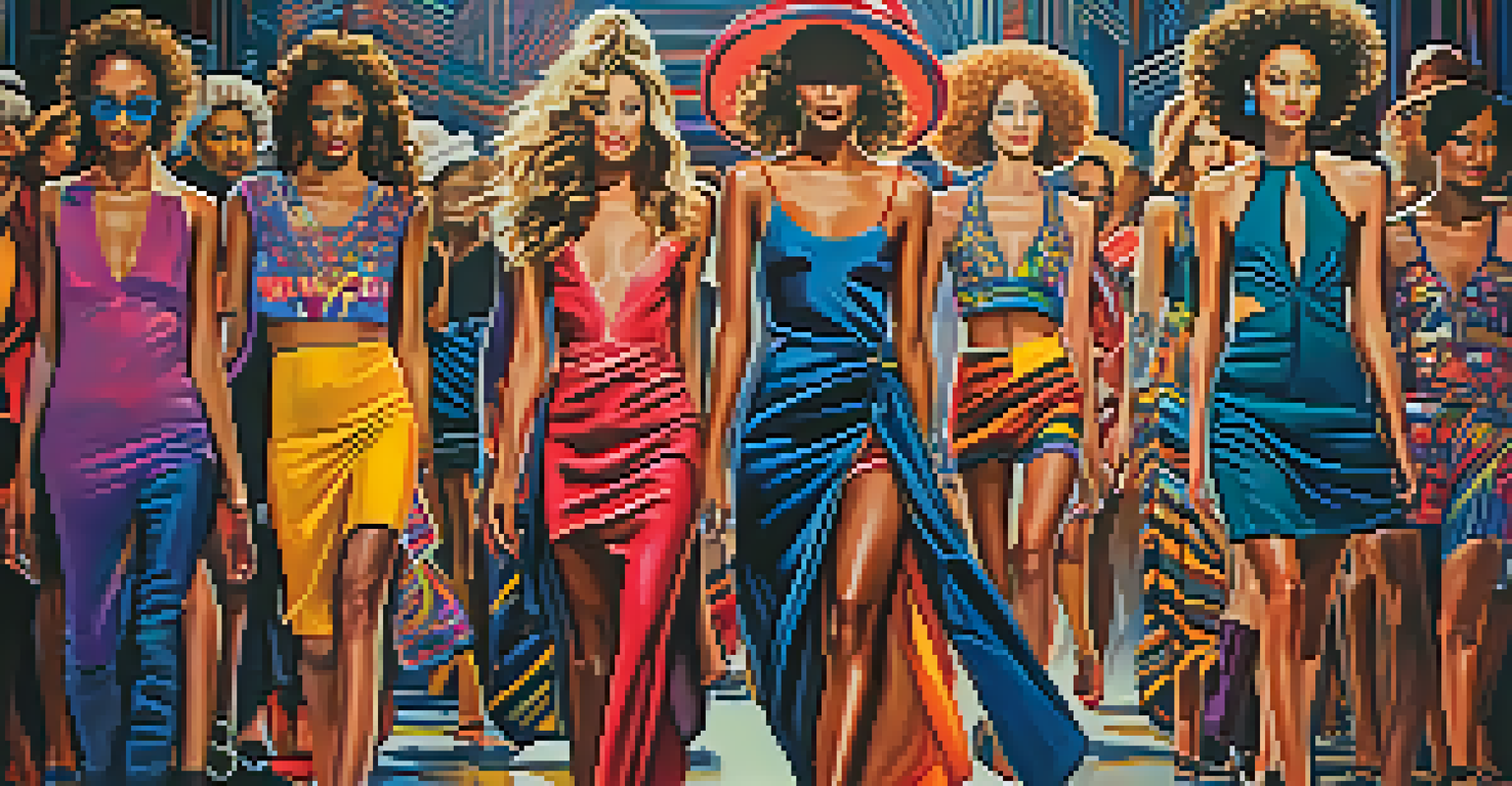 Models walking down a fashion show runway, displaying bold and unique designs under bright stage lights.