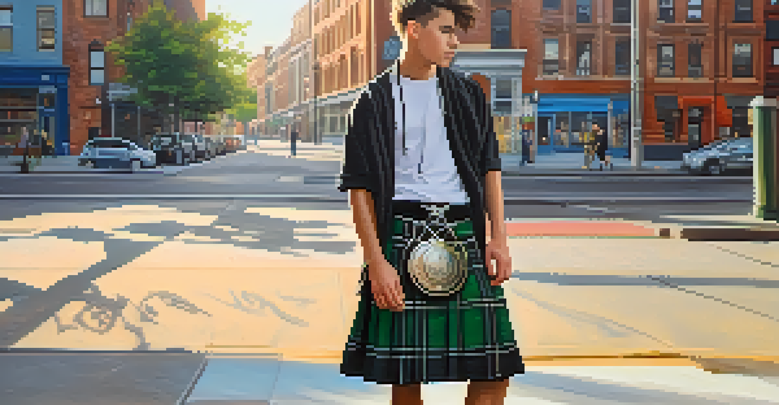 A young man in a kilt and sneakers posing in an urban area with street art.