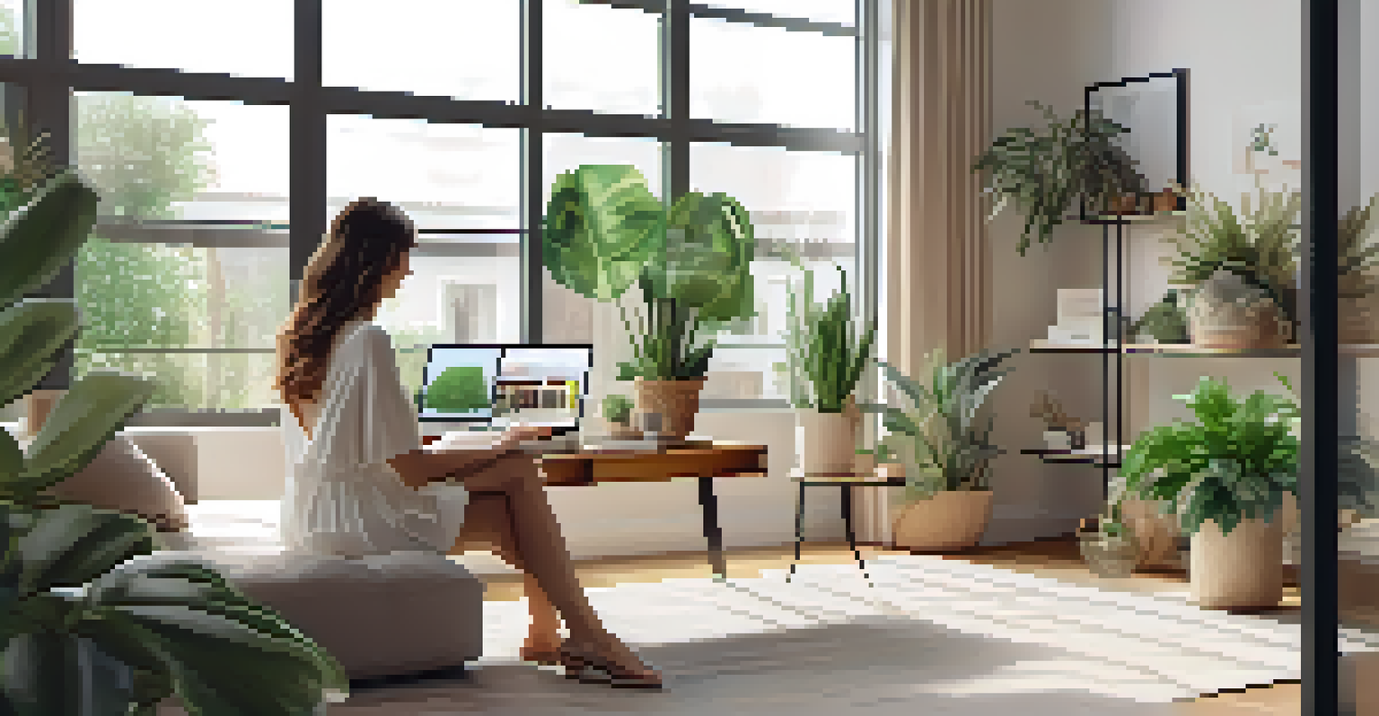 A person exploring a fashion rental website on a laptop, surrounded by plants in a bright, modern living room.