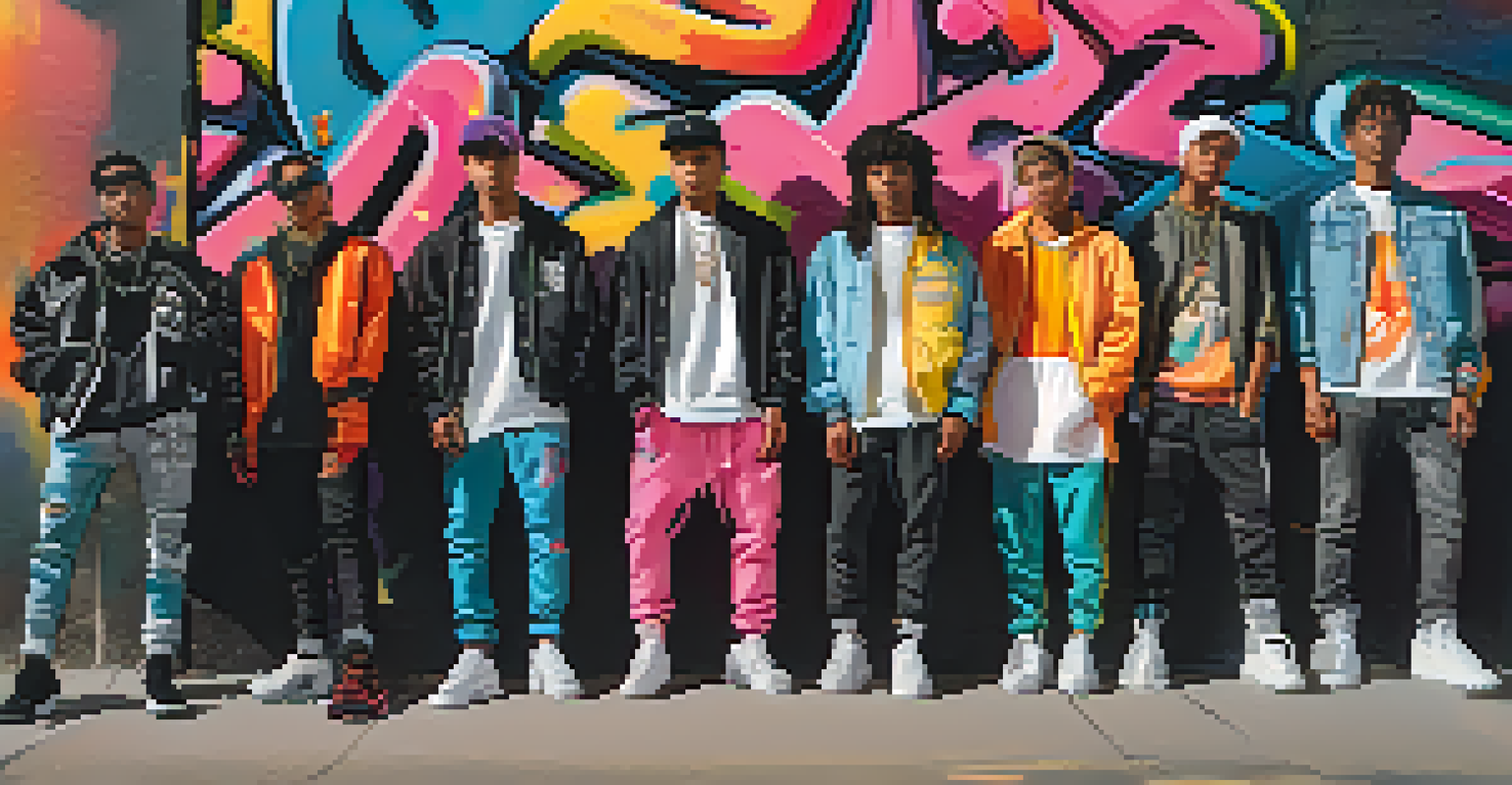 A group of young individuals in fashionable streetwear against a colorful graffiti background during sunset.