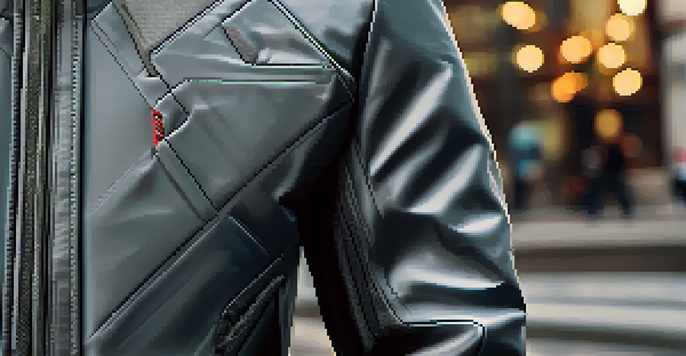 A detailed close-up of a smart textile jacket with integrated sensors, set against a blurred urban background.