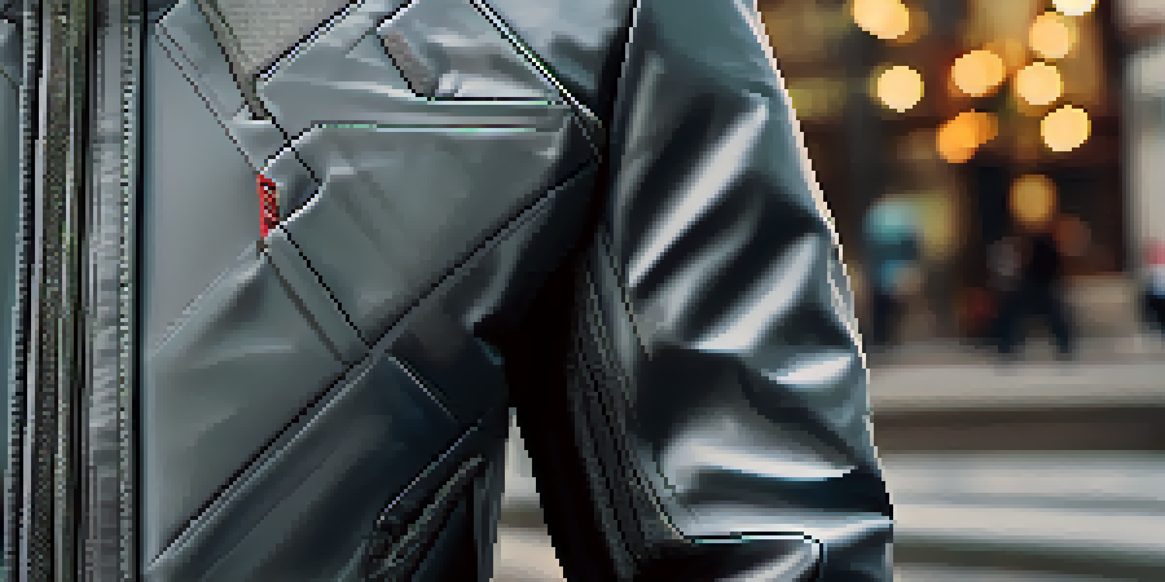 A detailed close-up of a smart textile jacket with integrated sensors, set against a blurred urban background.
