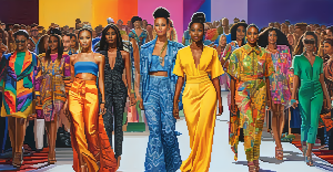 A fashion runway with diverse models of different sizes and ethnicities wearing colorful outfits, under bright lights with an audience in the background.