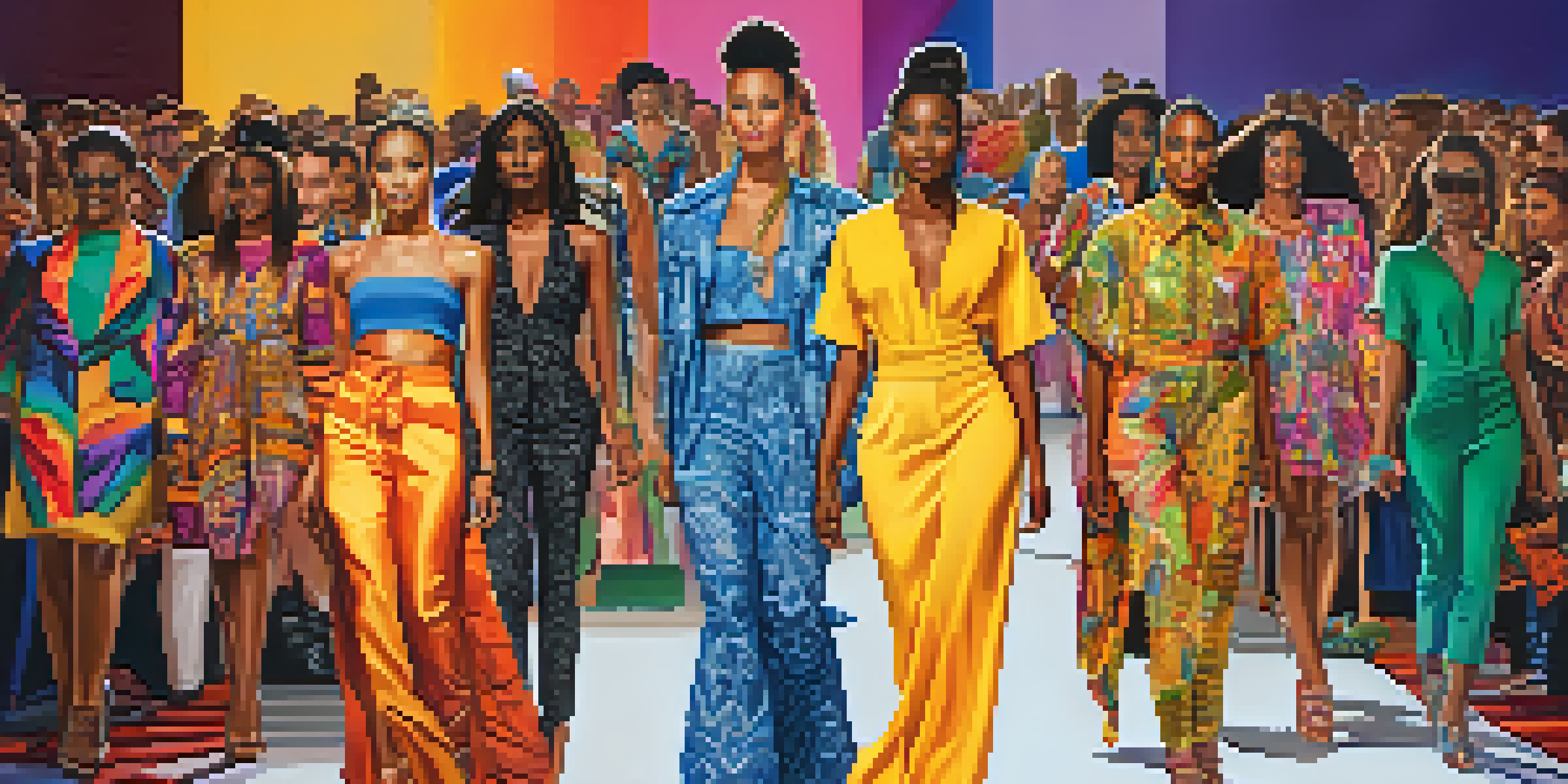A fashion runway with diverse models of different sizes and ethnicities wearing colorful outfits, under bright lights with an audience in the background.