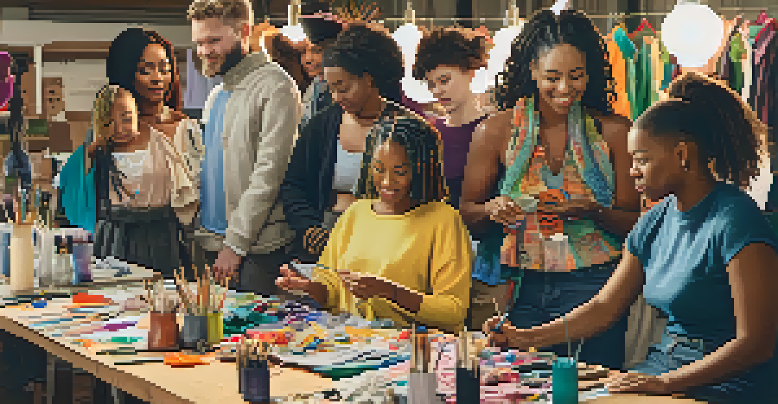 A community workshop where diverse individuals create clothing from recycled materials, highlighting creativity and collaboration in sustainable fashion.