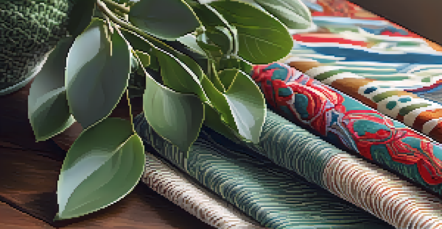A close-up of organic cotton fabric with intricate patterns, beautifully draped on a wooden table under natural light.