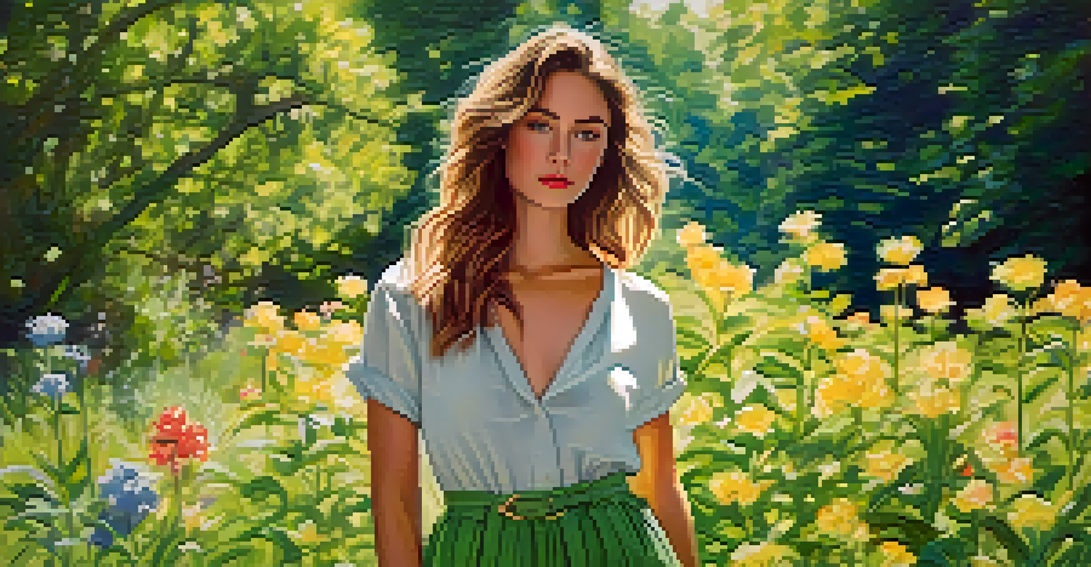 A model poses in a natural setting, wearing an outfit made from linen and hemp, with sunlight filtering through the trees around them.
