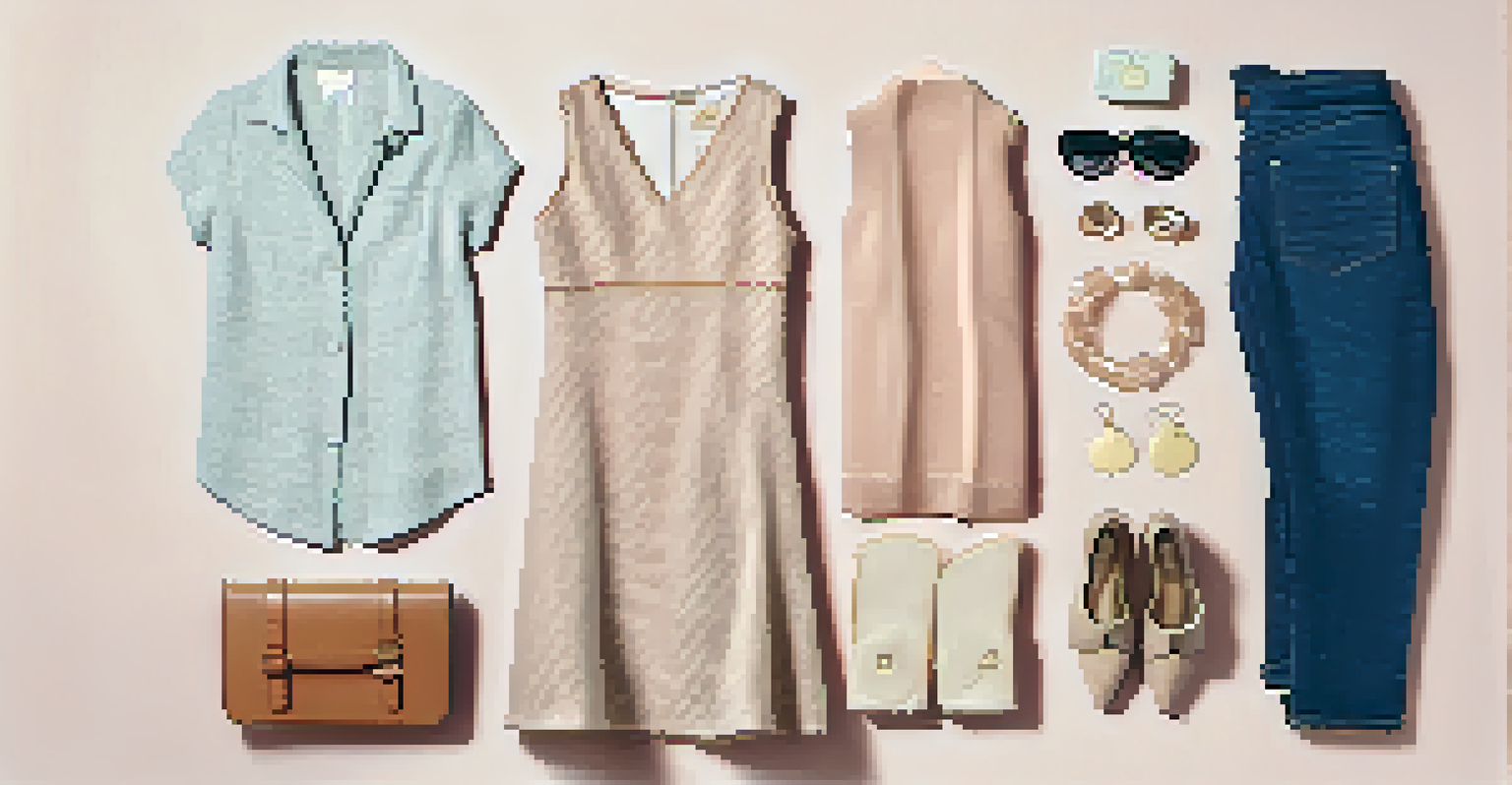 A flat lay of rental clothing items including a dress, accessories, and shoes on a textured background.