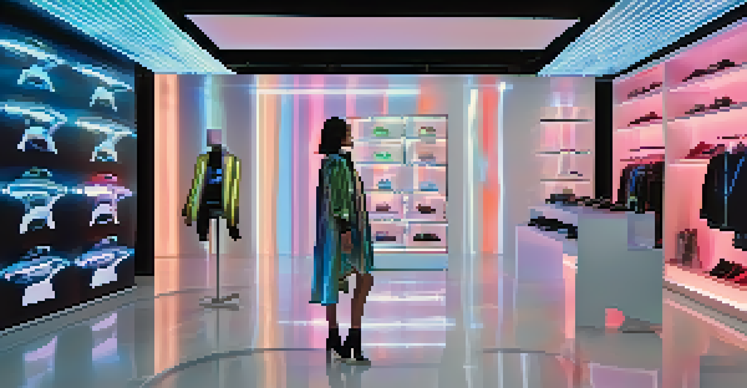 A model in a modern store wearing augmented reality glasses, surrounded by holographic clothing displays in a futuristic fashion environment.