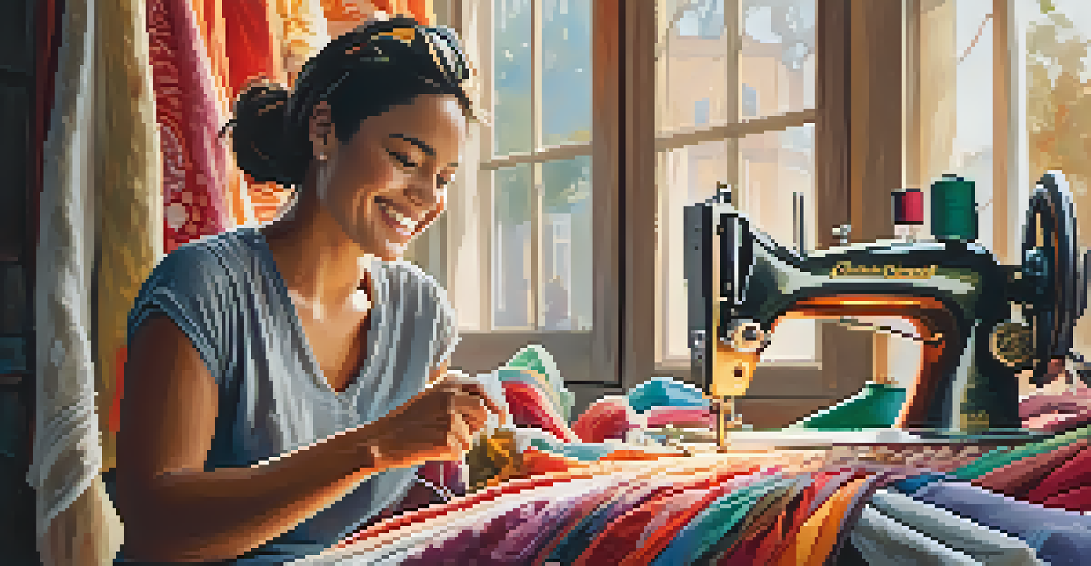 A close-up portrait of a smiling female artisan sewing organic fabric, surrounded by vibrant textiles and sewing tools in a well-lit workshop.