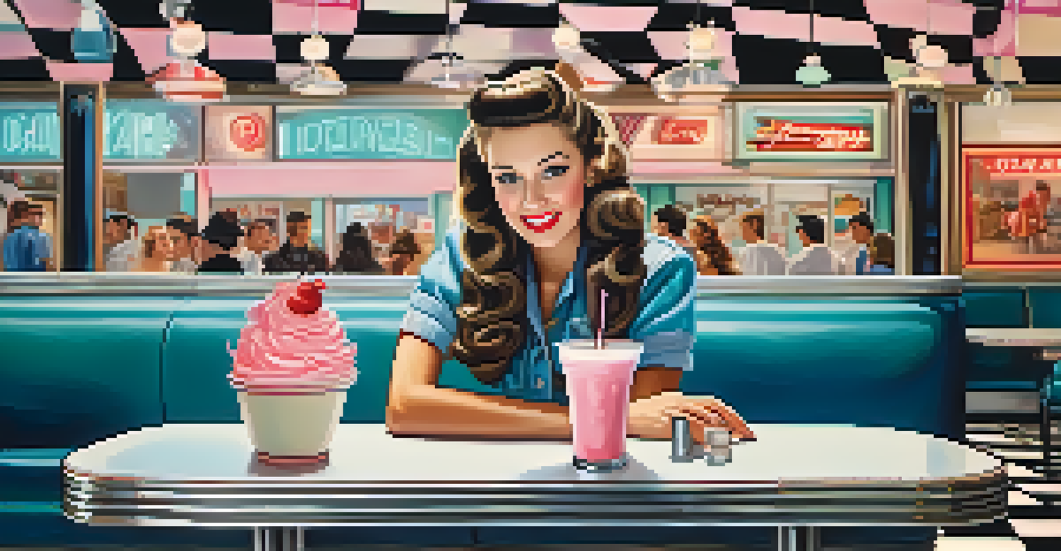 A teenager in a denim jacket and poodle skirt sits in a colorful 1950s diner, enjoying a milkshake.