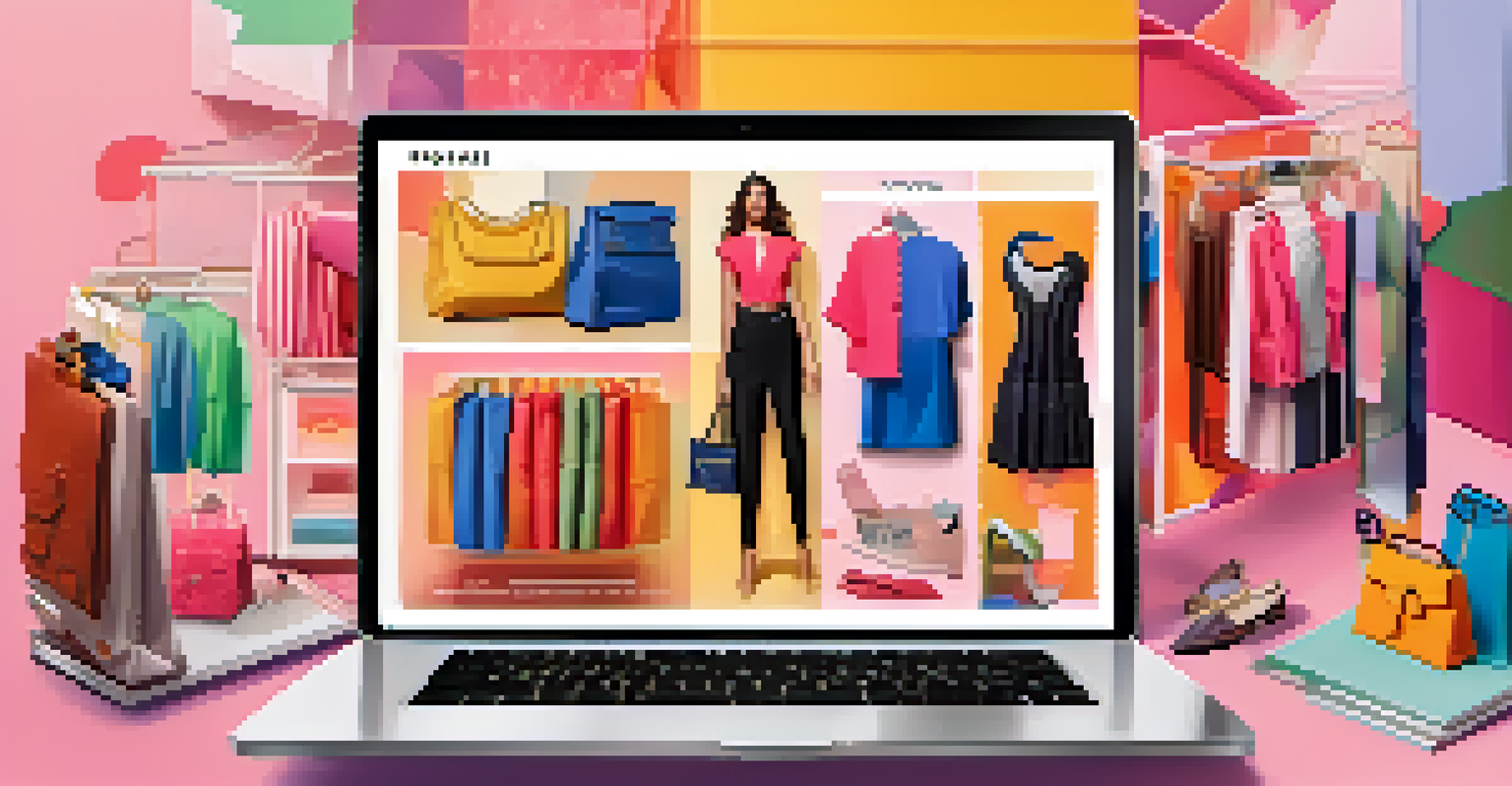A digital illustration showing personalized online shopping with a computer screen displaying tailored fashion recommendations.