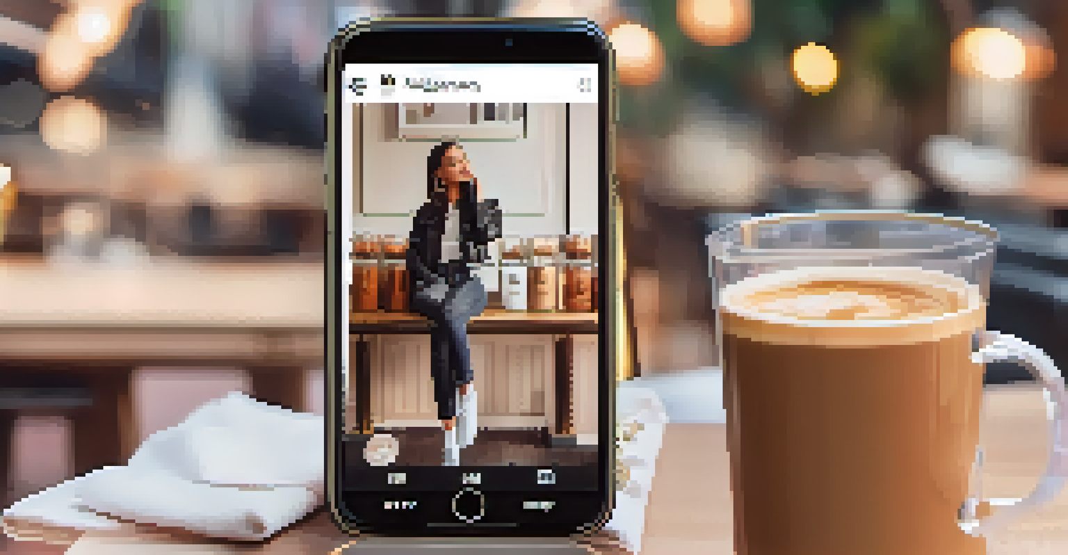 A close-up of a smartphone showing a fashion influencer's Instagram feed in a cozy coffee shop.