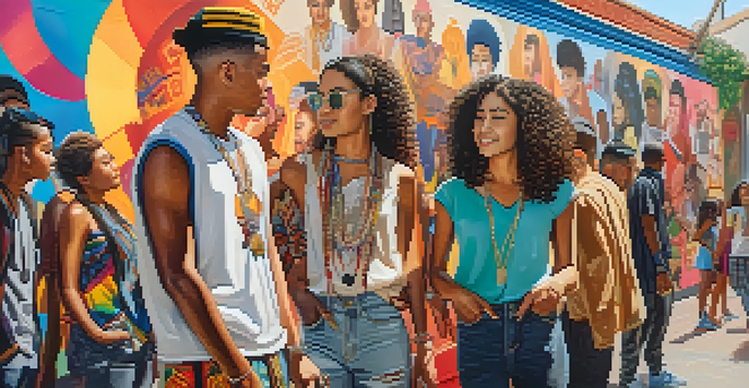 A group of diverse young individuals discussing cultural appreciation in front of a colorful mural, wearing culturally inspired clothing.