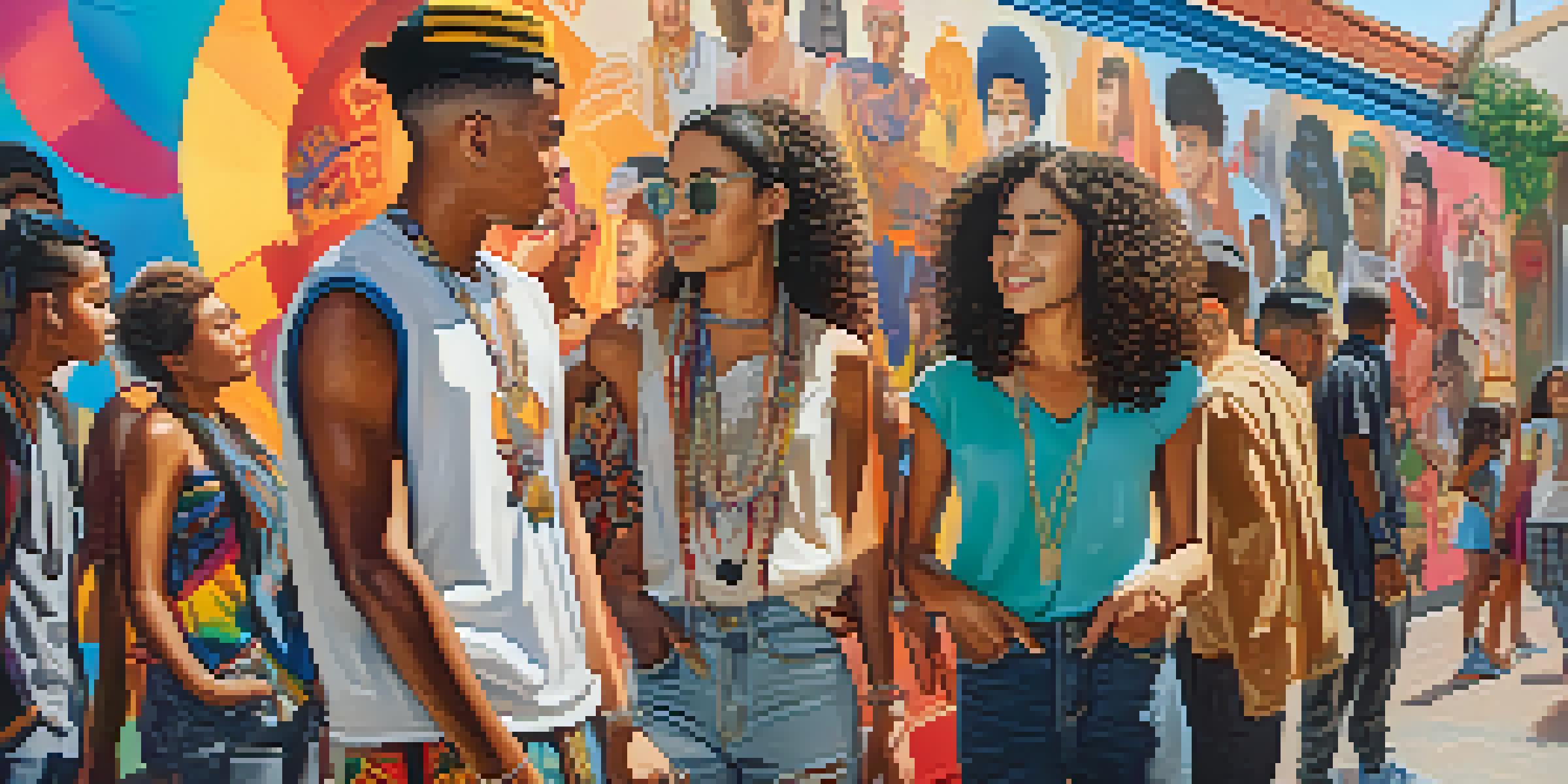 A group of diverse young individuals discussing cultural appreciation in front of a colorful mural, wearing culturally inspired clothing.