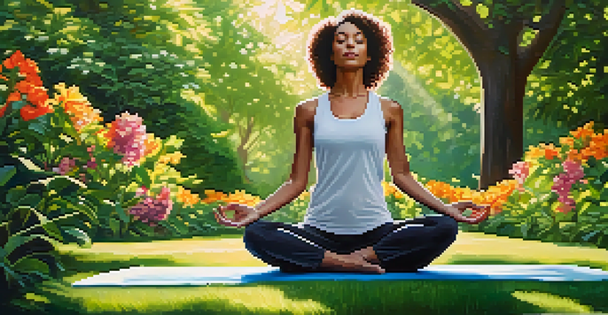 A woman practicing yoga in a park, wearing stylish athleisure clothing, with sunlight filtering through the trees and colorful flowers around her.