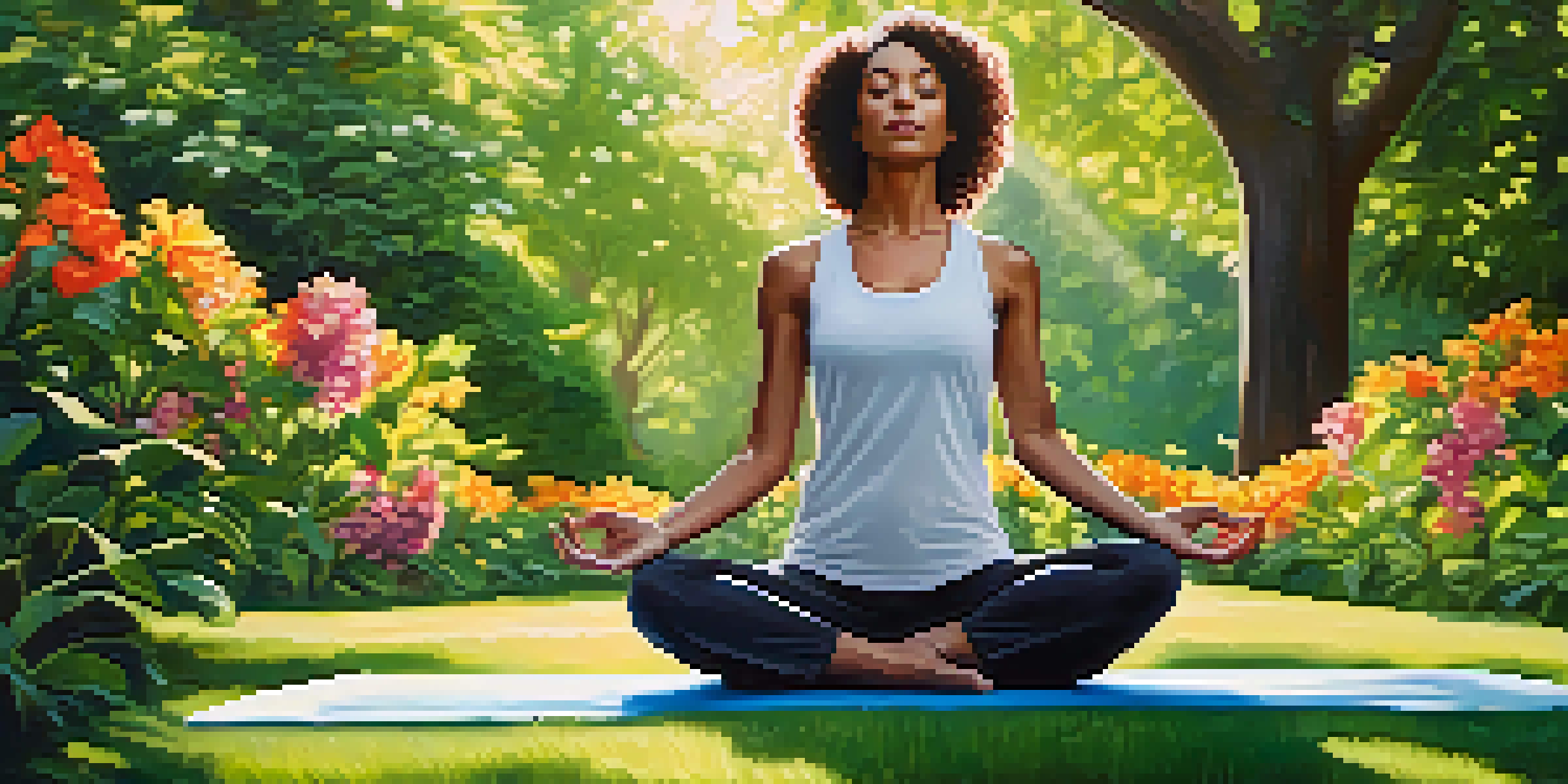 A woman practicing yoga in a park, wearing stylish athleisure clothing, with sunlight filtering through the trees and colorful flowers around her.