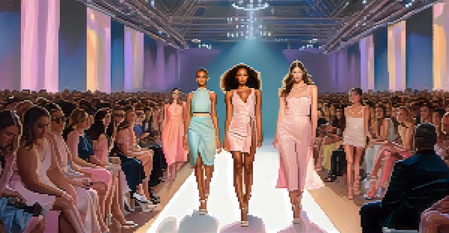 A fashion runway display featuring models of different body types, showcasing an inclusive clothing line under bright lights.