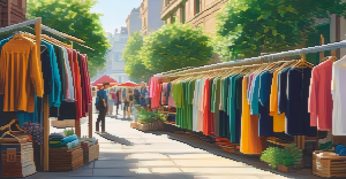 A lively marketplace with people shopping for sustainable fashion, surrounded by green plants and eco-friendly displays.