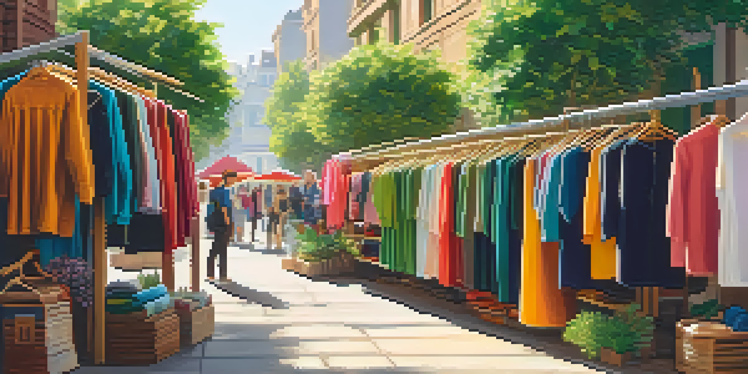 A lively marketplace with people shopping for sustainable fashion, surrounded by green plants and eco-friendly displays.