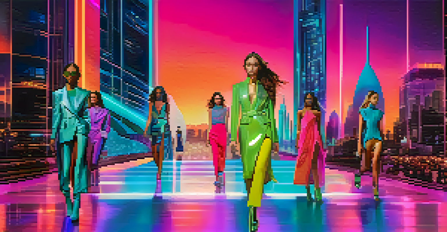 A futuristic digital fashion show with models on a virtual runway, showcasing innovative designs against a vibrant cityscape with holographic elements.