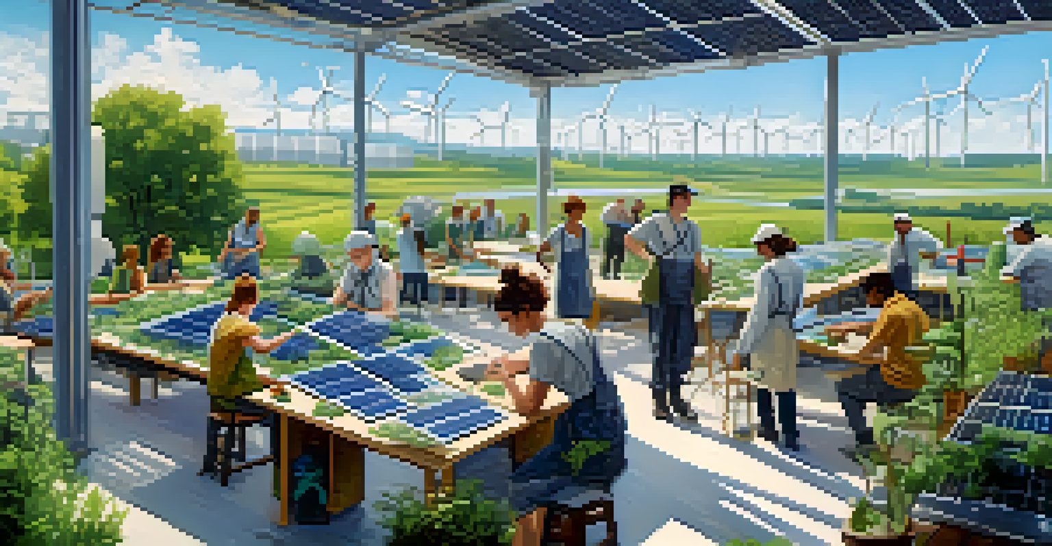 A modern clothing factory in a green landscape with workers collaborating, showcasing sustainable fashion practices.